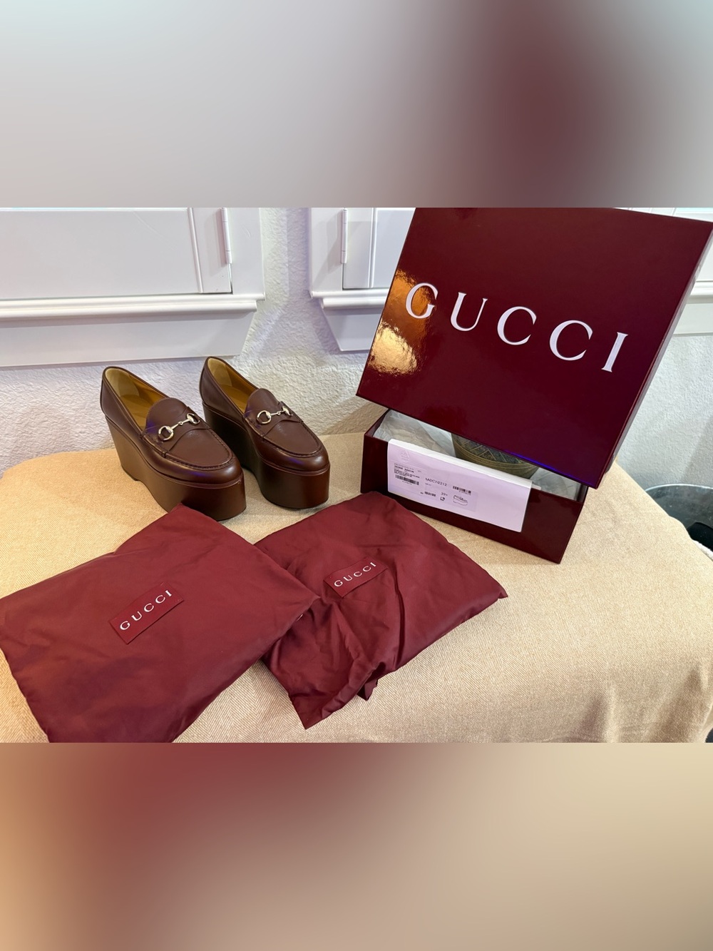 Gucci Betis Glamour Platform Loafers in Sweet Chestnut with Horsebit 39 1/2